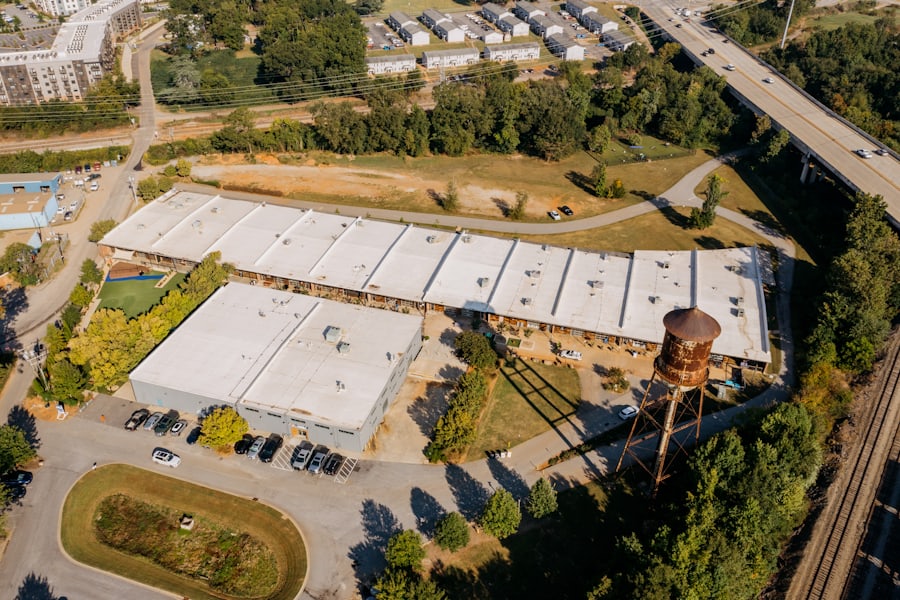 Aerial view of commercial and industrial buildings